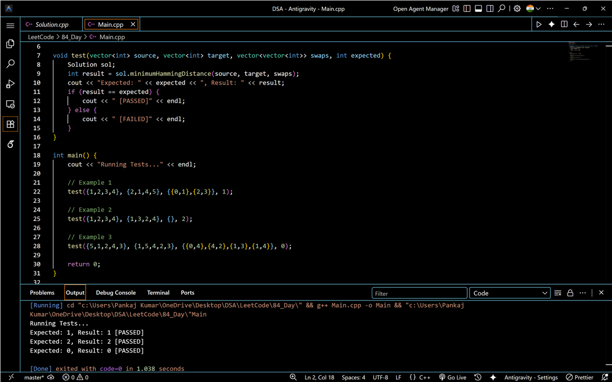 PankajB42550's tweet photo. ๐ Solved: Minimize Hamming Distance After Swap Operations (@LeetCode Daily)
DSU to find components. Count source values per component. Match target values greedily.
๐Complexity:
O(n ร ฮฑ(n)) |O(n)
๐ฅ #Day84/90
#LeetCode #DSA #DSU #UnionFind #Array #ProblemSolving #CPlusPlus https://t.co/oUqF7hp31d
