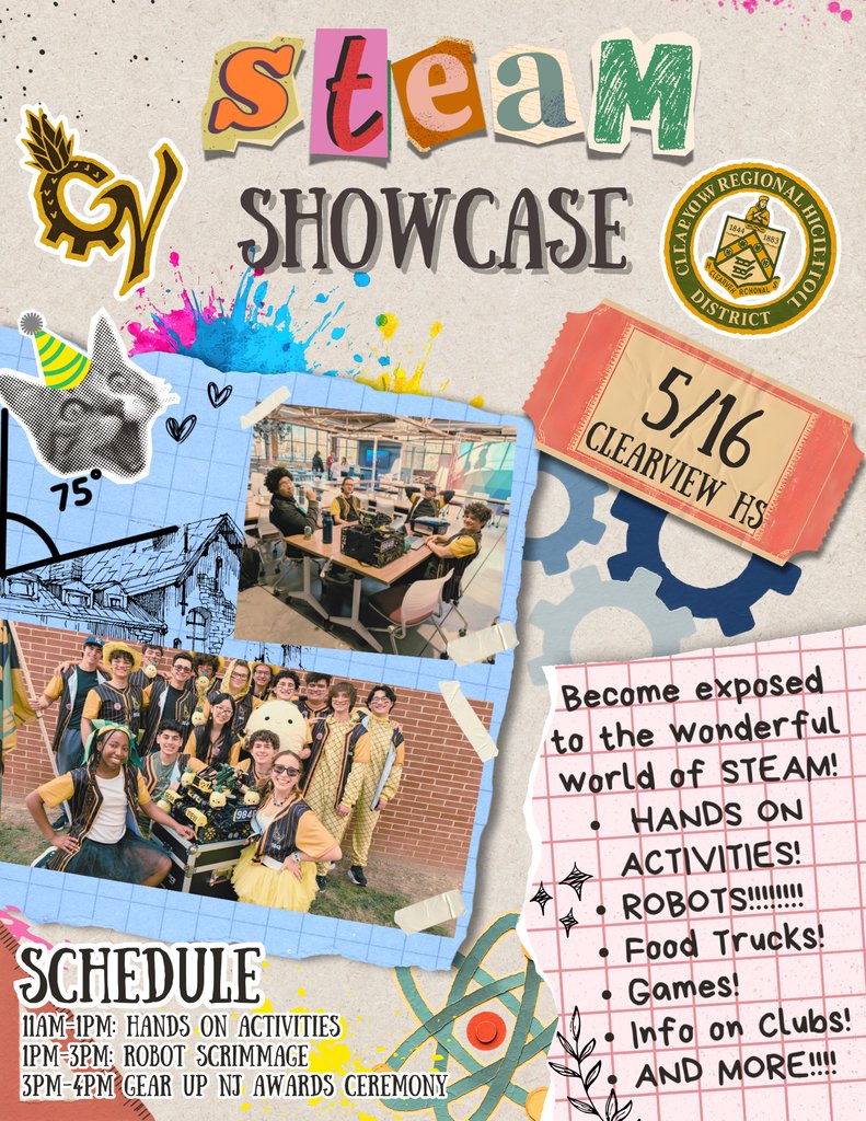Clearview_NJ's tweet photo. Parents of future engineers:
Join us on May 16 at Clearview High School for our STEAM Showcase!
Your child will get hands-on with STEM, see live robotics, and discover how they can get involved.
🕚 11 AM – 4 PM
We’d love to see you there! https://t.co/2qkhITSivi