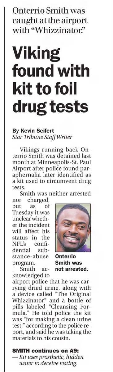 WHENESOTA's tweet image. Also #OTD in #Minnesota Sports History (2005) #Vikings RB Onterrio Smith is caught at the MSP airport with a “Whizzinator” and a vial of dried urine. #SKOL #NFL #SOD
newspapers.com/clip/100171231/