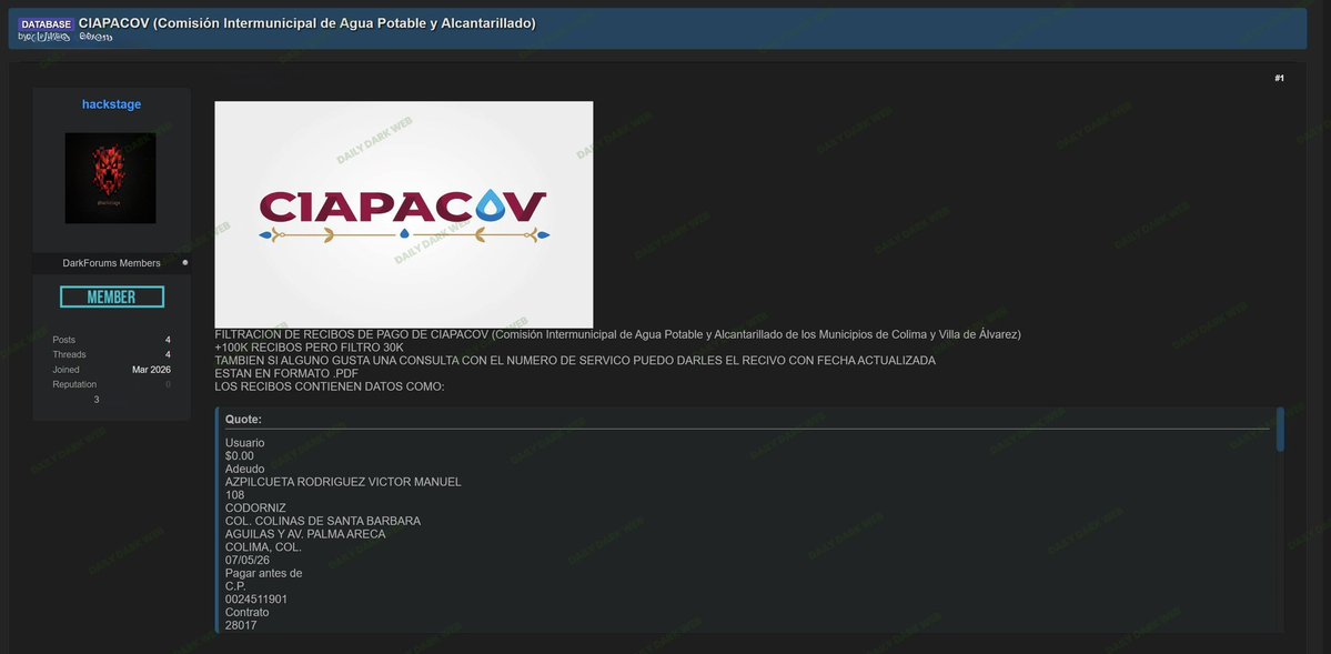 DailyDarkWeb's tweet image. 🇲🇽 Mexico: CIAPACOV Water Utility Data Allegedly Leaked

A threat actor claims to have leaked billing records from CIAPACOV (Comisión Intermunicipal de Agua Potable y Alcantarillado), serving municipalities in Colima and Villa de Álvarez.

📊 Key Details:
• Target: CIAPACOV