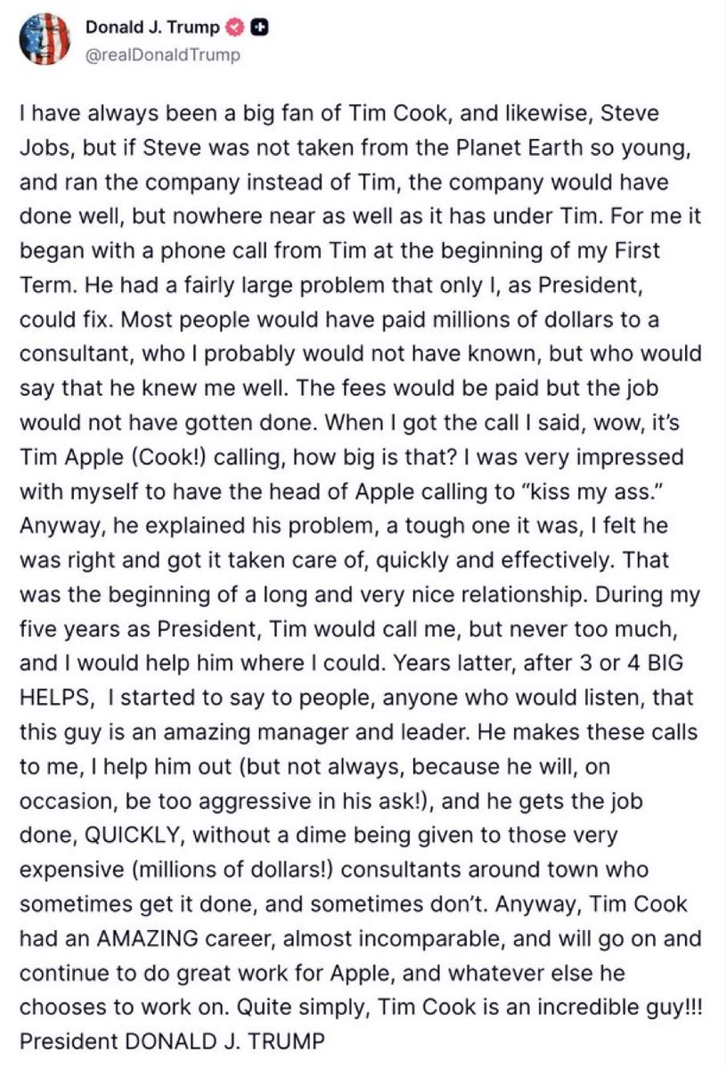 Trump says he has always been a big fan of Apple CEO Tim Cook: "I was very impressed with myself to have the head of Apple calling to "kiss my ass."