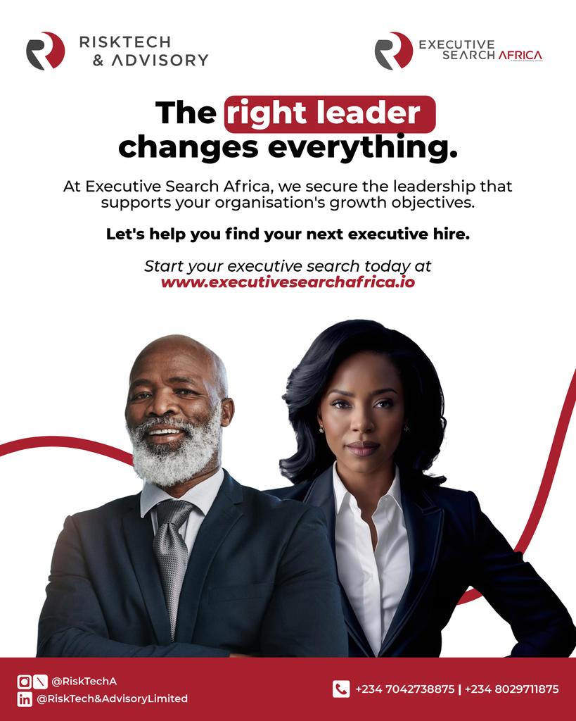 RisktechA's tweet photo. At Executive Search Africa, we secure the leadership that supports your organisation's growth objectives.

Let's help you find your next executive hire.

Start your executive search today at https://t.co/nu29KMTcsR

#ExecutiveSearch #AfricaBusiness #Leadership  #CSuite https://t.co/L9HCbJchoi