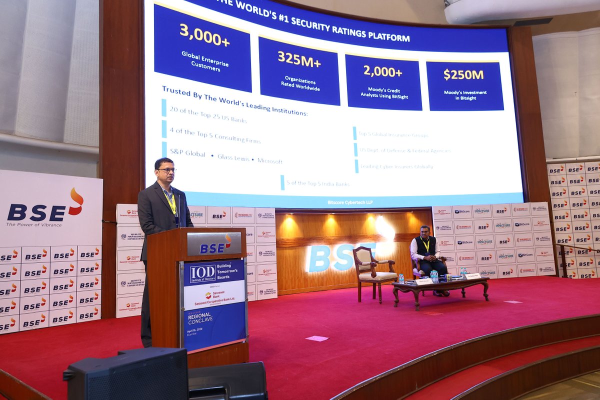 BitscoreIN's tweet photo. What a day at BSE Mumbai.

BitScore on stage at the IOD Western Regional Conclave 2026, presenting on cyber resilience and cybersecurity risk ratings to a room full of India's board of directors and CXOs. When governance leaders start treating cyber risk as a boardroom priority, you know the conversation in India has evolved.

Thank you @Institute of Directors (IOD), India in MUMBAI  @Institute of Directors (IOD), India 

#IODConclave2026 #cybersecurityratings #cybersecurity #cyberrisk