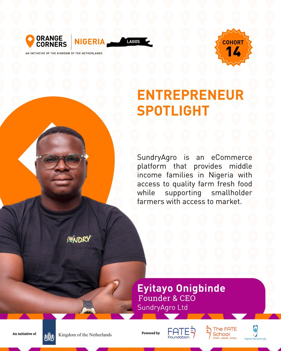 SundryAgro's tweet photo. Honoured. 💚

Our CEO,Eyitayo Onigbinde has been spotlighted by @OrangeCornersNG  Cohort 14, powered by @FATEFoundation.

@SundryAgro connects Nigerian families to farm-fresh food while opening markets for smallholder farmers.

Grateful for this!
 #SundryAgro #OrangeCorners https://t.co/EnC7GnRtkj