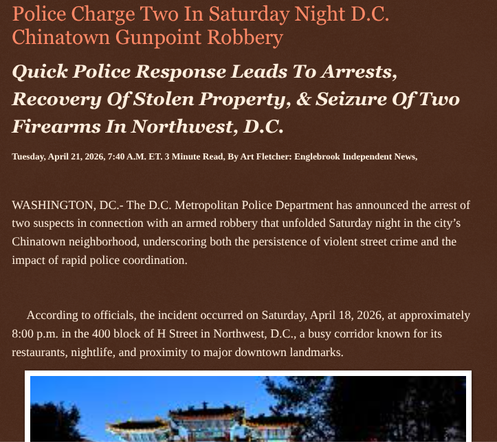 ArtFletcher9's tweet photo. Police Charge Two In Saturday Night D.C. Chinatown Gunpoint Robbery https://t.co/fXzL2WfG3s via @Englebrooknews #WashingtonDC #CrimeNews #NorthwestDC #Chinatown #gunpoint #robbery #arrests #charges #armedrobbery #weapons @wireless_step @HRG_Media @LodiNJNews @Fordmb1953 @SarahGeving1 @Shannon96574094 @DanCook26214426 @Daytobehappy @janninereid1 @gator4kb18 @TrumpWasRite2 @KathyKbrose @RobGerundo @JimBobW49