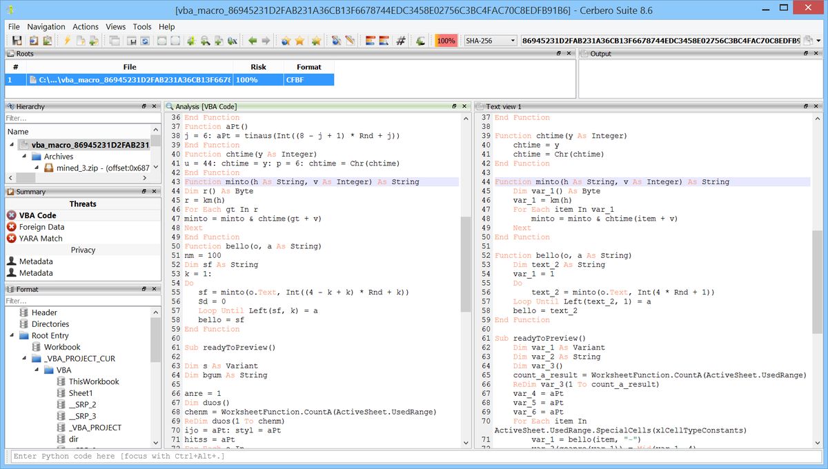 cprofiler's tweet photo. 📦 We are happy to announce the beta release for commercial licenses of the VBA Beautifier package. It provides automated beautification and deobfuscation for VBA (Visual Basic for Applications) and VBS (VBScript) code, the most common macro language found in malicious Office documents.

VBA macros remain one of the primary initial access vectors in the threat landscape. Malware authors routinely apply layers of obfuscation. Manually cleaning up these scripts is tedious and error-prone. The VBA Beautifier helps to automate this process, turning obfuscated macro code into clean, readable output.