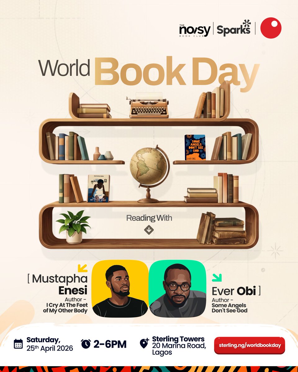 Stories don’t just live on shelves, they move people.

This World Book Day, step into the conversation.
With Mustapha Enesi and Ever Obi.

Pages, perspectives, and voices that stay with you long after.

In collaboration with @TheNoisyBookclub &amp; The Sparks Community
📍 Sterling