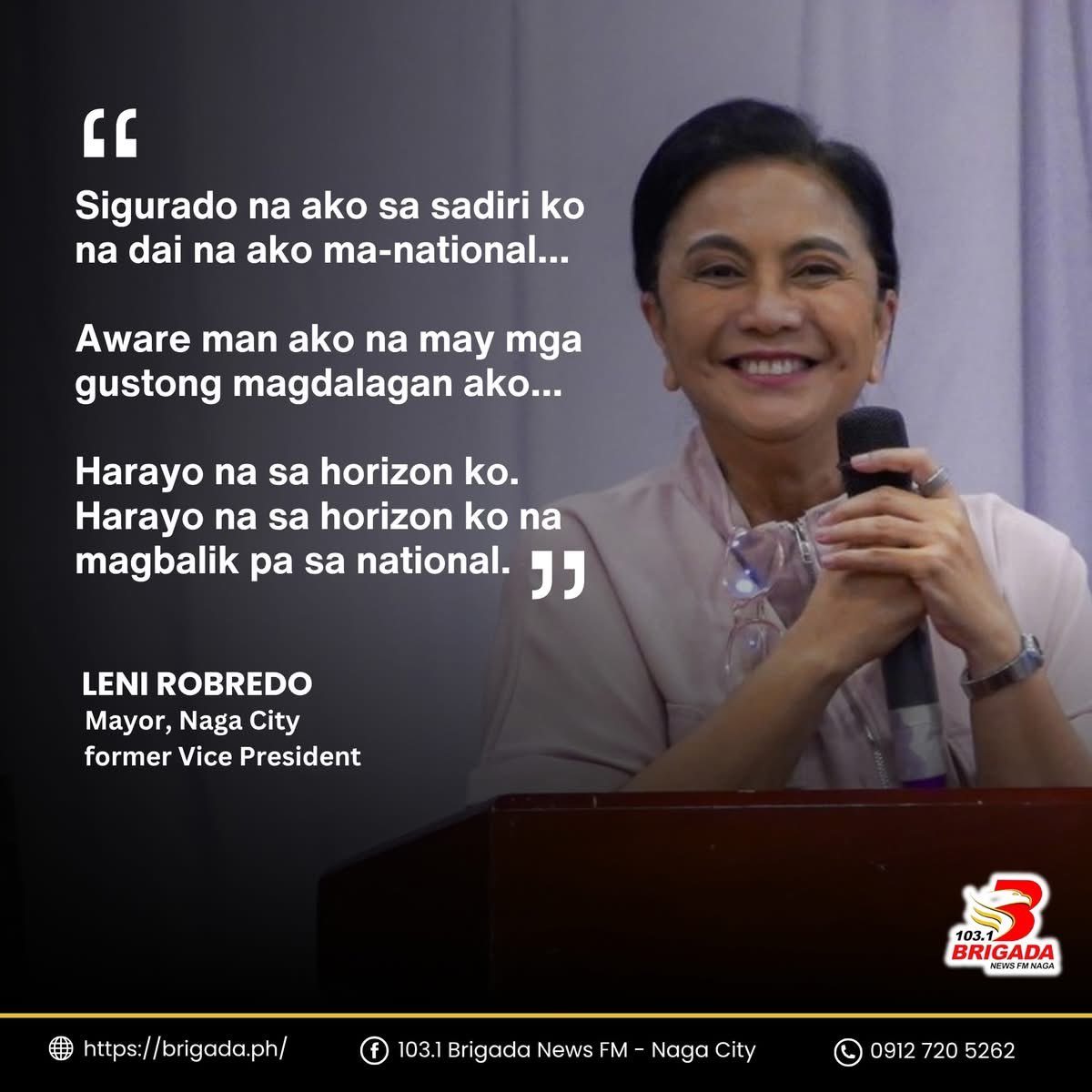 moncafealde's tweet photo. “Sigurado na ako sa sairili ko na hindi na ako (tatakbo) ma-national.
Aware ako na may mga gustong tumakbo ako…
Malayo na sa horizon ko.
Malayo na sa horizon ko na magbalik pa sa national” - Naga City Mayor Leni Robredo https://t.co/R4B55cR1od