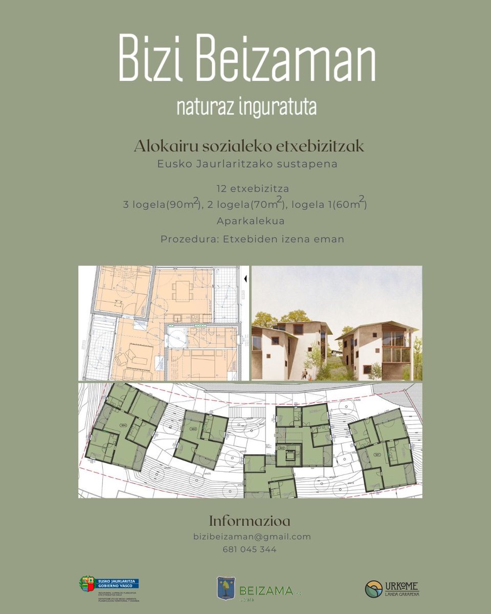 beizaman's tweet photo. Bizi Beizaman egitasmoaren barruan, Alokairu sozialeko 12 etxebizitzaren sustapena dugu besteak beste. 
Etxebizitza hauen inguruko informazioa eskuratzeko deitu 681045344 telefonora edota idatzi bizibeizaman@gmail.com helbidera.
#bizibeizaman https://t.co/ka9ovuzhw2