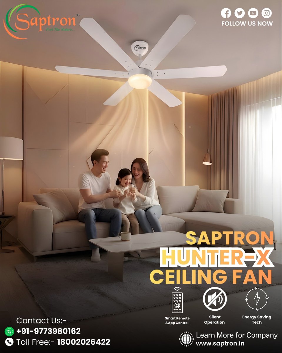 saptron68433's tweet image. 🌬️ Feel the Breeze with Saptron Hunter-X Ceiling Fan
Upgrade your home with the Saptron Hunter-X Ceiling Fan. Contact Us: +91-9773980162
📞 Toll-Free: 18002026422
🌐 Visit: saptron.in
#SaptronFan #CeilingFan #SmartFan #HomeComfort #EnergyEfficient #SilentOperation