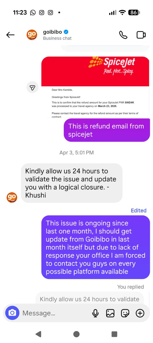 Srushti5's tweet photo. My flight refund is pending @goibibo @GoibiboSupport  their mumbai office is not traceable, i am unable to connect to any customer care agent, only bots are replying on insta and the issue remains unresolved since one month now inspite of @flyspicejet initating refund. https://t.co/w4rFLFMtlX