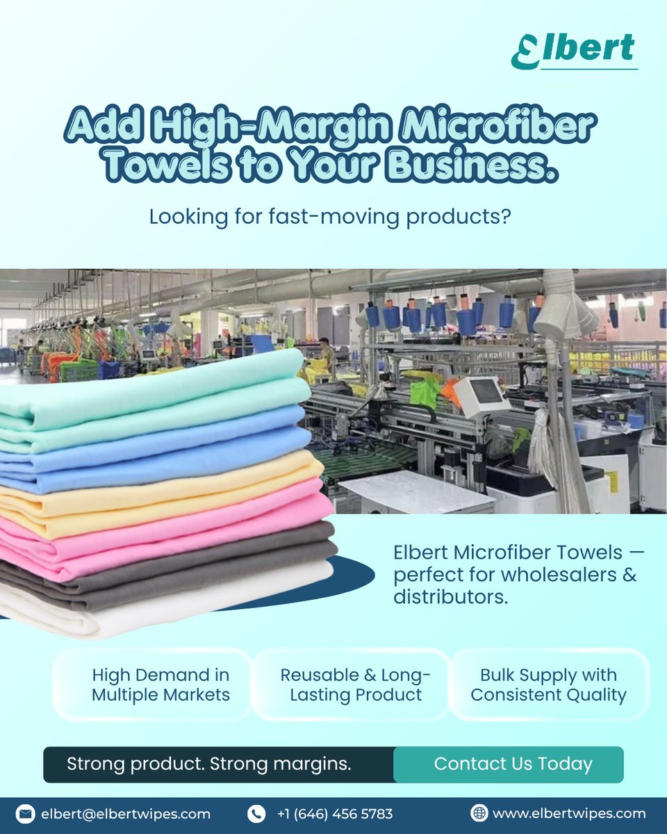ElbertWipes's tweet image. Microfiber Towels

🛒 Contact us now for bulk supply, wholesale pricing, and distribution inquiries:
📞 +1 (646) 456 5783
✉ elbert@elbertwipes.com
🌐 elbertwipes.com

#ElbertWipes #MicrofiberTowels #BulkOrders #WholesaleSupply #B2BSupply #ReliableSupplier  #GlobalSupply