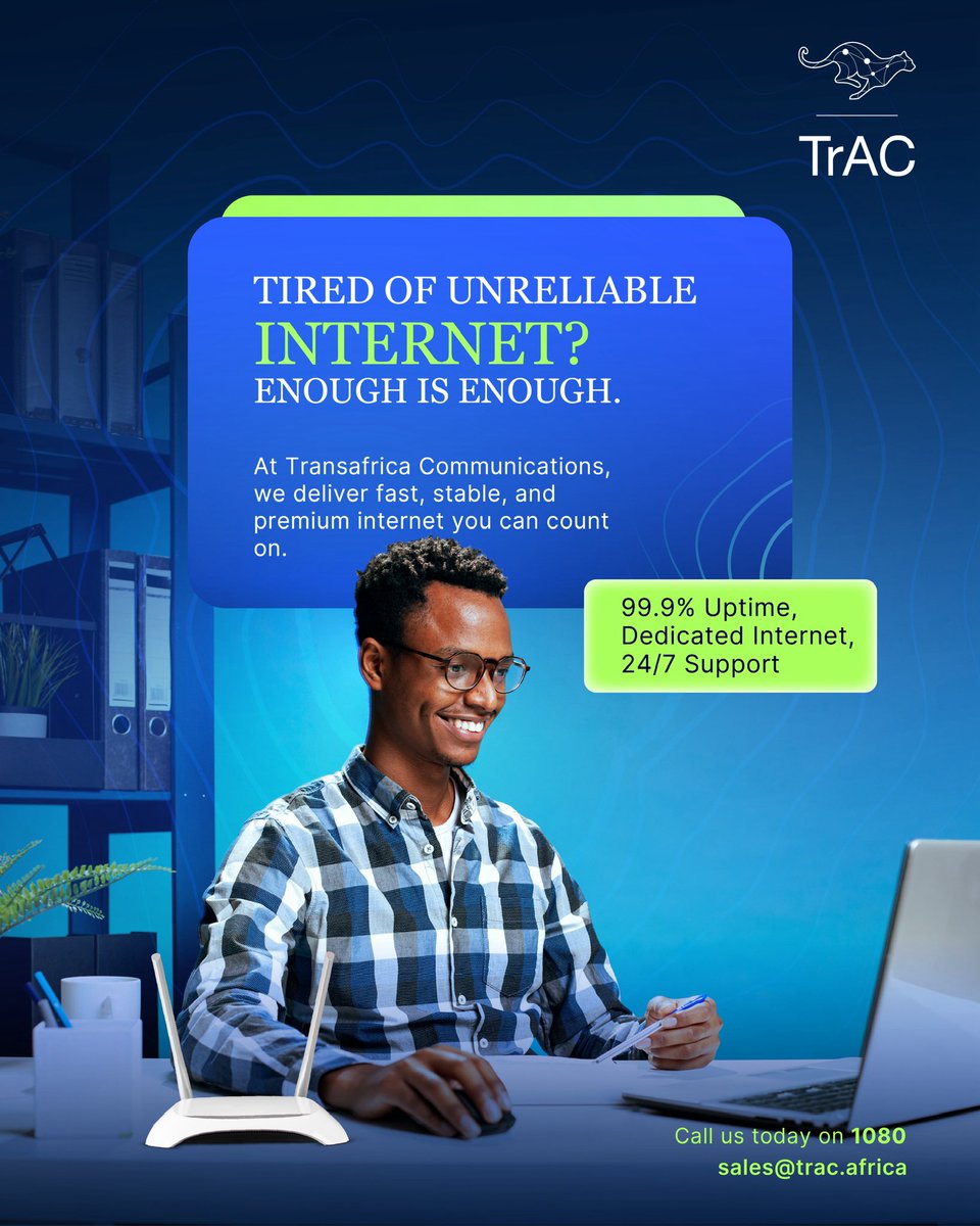 TrAC_Rw's tweet photo. Unreliable internet? That chapter is closed.
With TRAC, it’s speed, stability, and zero excuses.
Stay connected. Stay ahead.
📞 1080 | sales@trac.Africa https://t.co/c9h1NehodY
