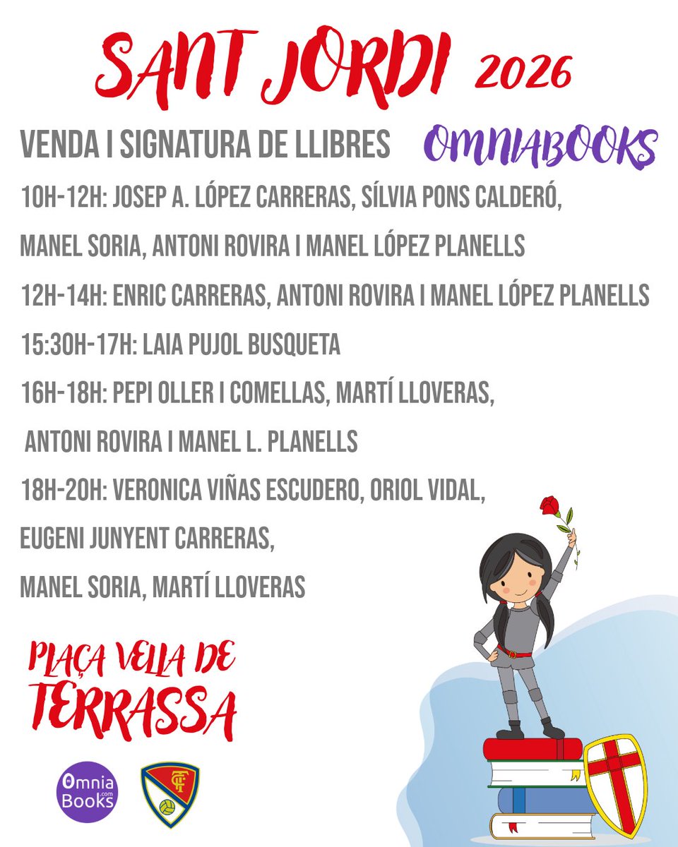 OmniaBooks's tweet photo. Sant Jordi 2026. Ens trobaràs a la Plaça Vella (Terrassa).
Horaris de signatura de llibres dels nostres autors/es. https://t.co/H5qLZkT337