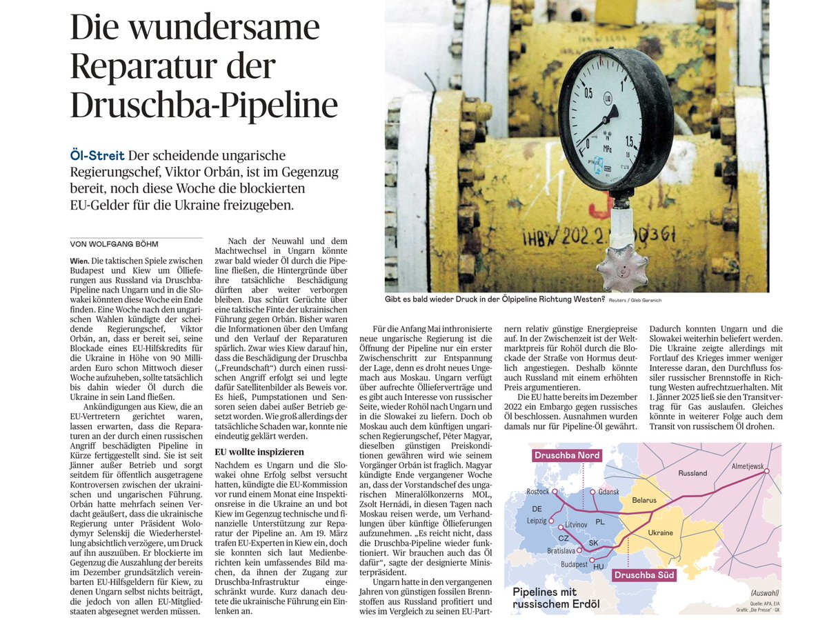 mz_storymakers's tweet image. 10 Tage nach der Wahl in #Ungarn will die #Ukraine durch die plötzlich wieder funktionstüchtige Druschba-Pipeline russisches Öl in die #EU durchlassen - nachdem 90 Milliarden Euro „Lösegeld“ in die Ukraine fliessen. Das Öl, das #Russland angeblich nicht liefert.