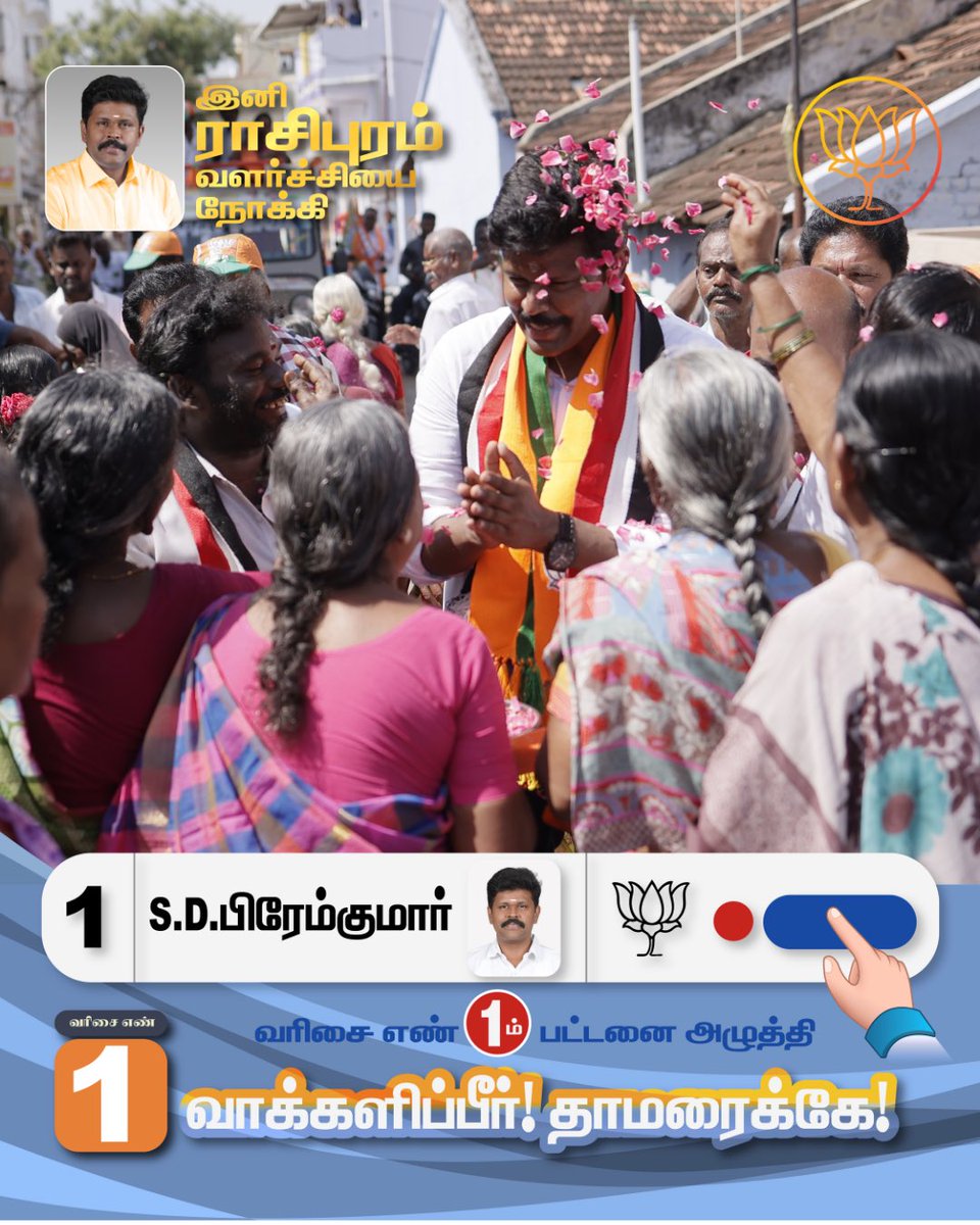 drpremkumarbjp's tweet photo. ராசிபுரம் சட்டமன்ற தொகுதியில் போட்டியிடும் வெற்றி வேட்பாளர் S.D.பிரேம்குமார் அவர்களுக்கு, வரிசை எண் 1 முதல் பட்டனை அழுத்தி வாக்களிப்பீர்!!

நமது தாமரை சின்னத்தில் வாக்களித்து வெற்றி பெறச் செய்வீர்.

#rasipuram #bjp #bjprasipuram #voteforpremkumar #admk https://t.co/euHJcP5Ts3