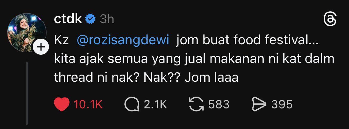 heizetatler's tweet photo. Siti Nurhaliza food festival plan has gained 10k likes and 2k comments in 3 hours on Threads. https://t.co/dUSaLGFEFr