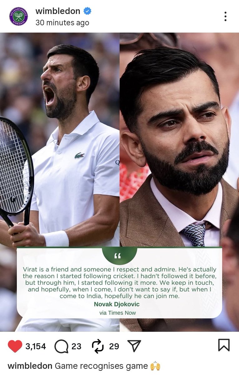 ImTanujSingh's tweet photo. WIMBLEDON INSTAGRAM POST FOR NOVAK DJOKOVIC ON VIRAT KOHLI. 🐐♥️

- Two GOATs of World Sports! https://t.co/qoHuI4F1FH
