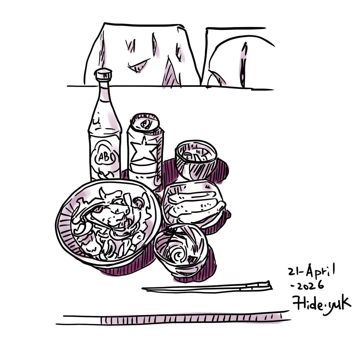 hidebosan's tweet image. latihan. makan malam pada hari ini. 今日の夕食。 #sketsapen #pensketch  #sketch #clipstudio #makanan
