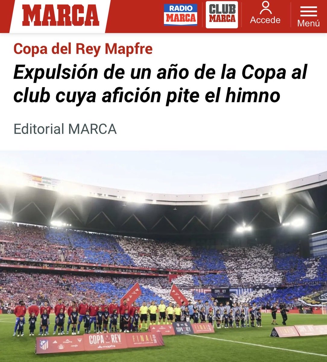 En un editorial de ayer del <a href="/marca/">MARCA</a> se propone expulsar durante un año de la Copa a aquellos equipos cuya afición pite el himno.👏👏👏
¿Tú que opinas?