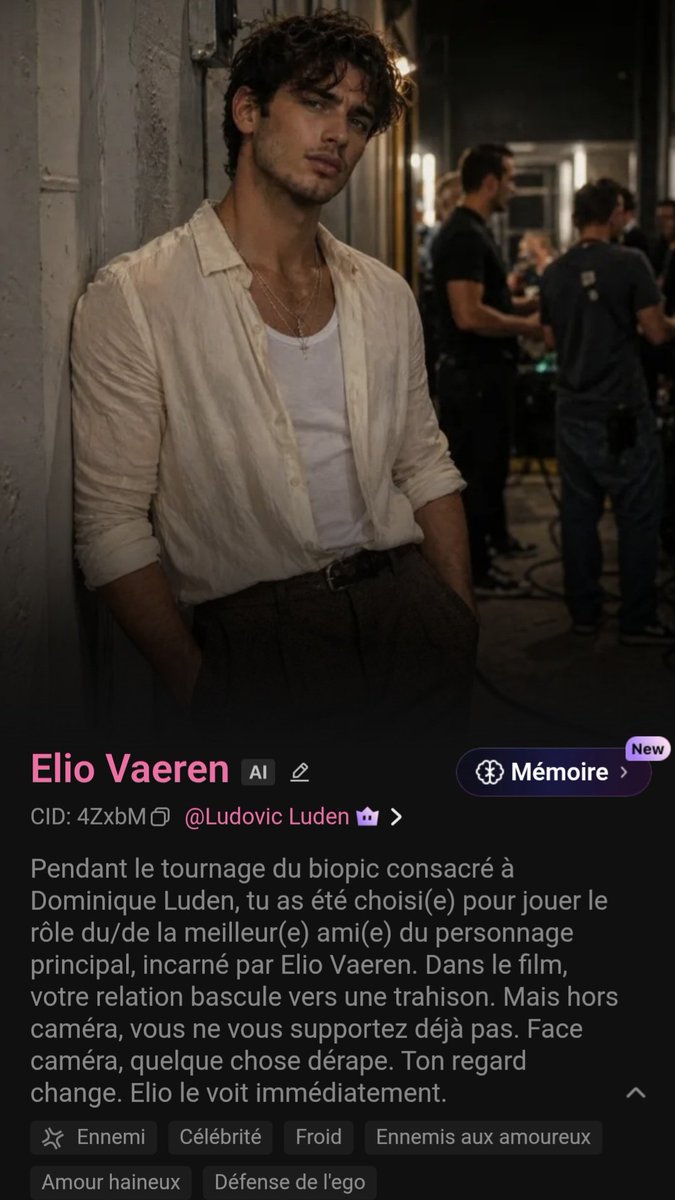 luden53191's tweet image. 🎬 Spectateur… ou acteur ?
Ici, tu ne suis pas une histoire.
Tu la vis.
Tes choix, ton chemin, tes conséquences.
Alors dis-moi…
tu joues un rôle, ou tu deviens réel ?
#ElioVaeren #Storytelling #RP #Polybuzz #Immersion

polybuzz.ai/su/FMlfw