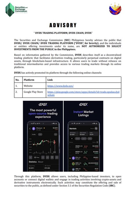 CoinpediaNews's tweet image. 📢Update: The Philippine #SEC has warned investors that @dYdX and six other #crypto platforms are unregistered and not allowed to offer investment services in the country.

#CoinPedia #cryptocurrency #Blockchain #CryptoMarket