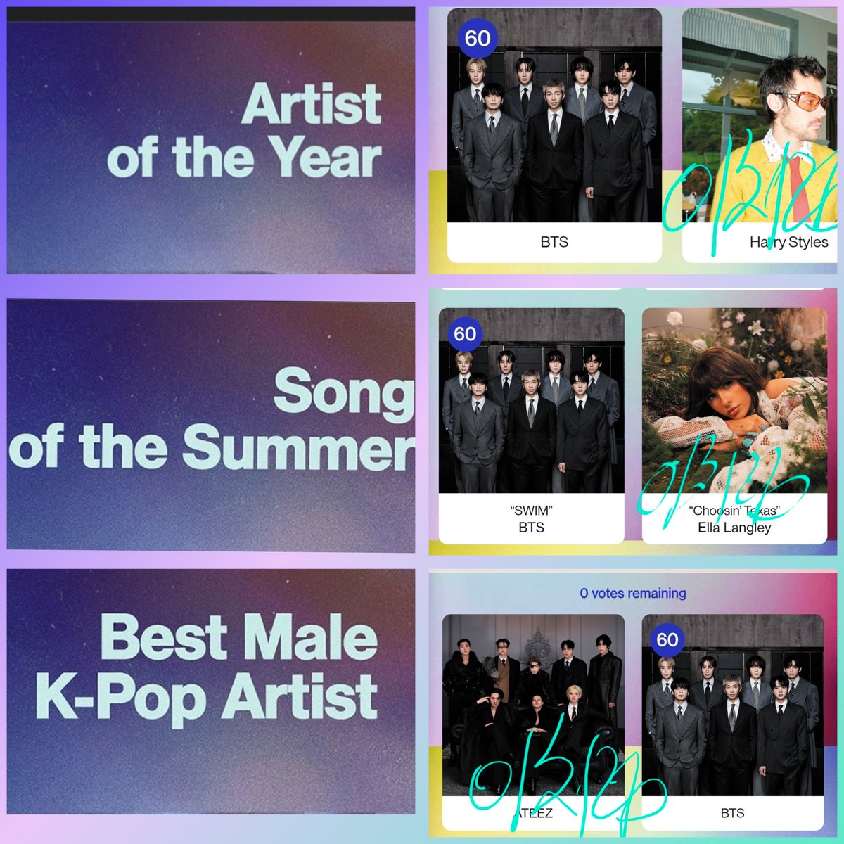 AMAs 2026 투표 터보 보팅되는 날입니다📢

터보투표일 
 1일차: 4/21~4/22 
 2일차: 4/28~4/29 
 3일차: 5/5~5/6 

시간: 매일 오후4시~담날오후 4시전까지

3개부문 각각 60표가 완표이며 다계정 가능
📍Artist of the Year
📍Song of the Summer
📍Best Male K-Pop Artist