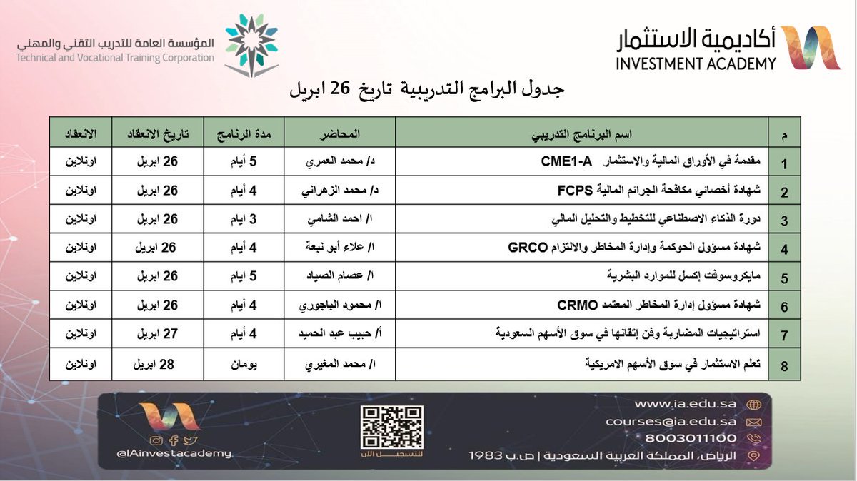 IAinvestacademy's tweet image. 💼 جدول البرامج التدريبية تاريخ 26 ابريل

🎯 هل أنت مستعد تحوّل طموحك لواقع؟
🔔 التدريب العملي، المعرفة، والاحترافية كلها بانتظارك 🔔

🔗 للتواصل:👇
ia.edu.sa

CME1-A ،FCPS , GRCO  , CRMO 

#RiskManagement #Compliance #GRC #السعودية #الإمارات #حوكمة_الشركات