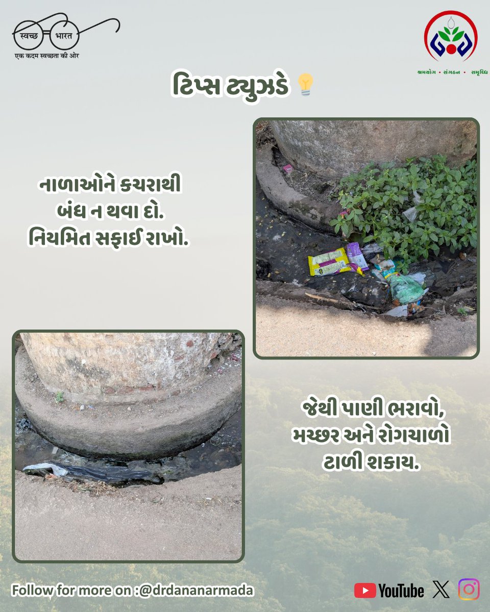 DrdaNar2's tweet image. ટિપ્સ ટ્યુઝડે 💡
પશુઓને યોગ્ય રીતે ખવડાવવું,કચરાનુંવિભાજન કરવું અને નાળાઓને સ્વચ્છ રાખવું — આ ત્રણ સરળ પગલાં ગામને સ્વચ્છ અને સ્વસ્થ બનાવે છે. #sbm #tipstuesday #ruraldevelopment 
@CMOGuj @CollectorNar @InfoNarmadaGoG @ddonarmada @SBMR_Gujarat