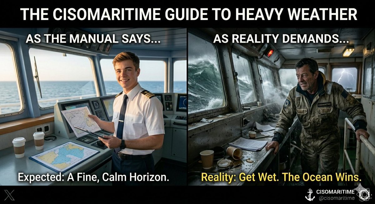 cisomaritime's tweet photo. Weather: The Sea ALWAYS Wins

Rule #7 of the Department of Irony: A weather chart is a weather recommendation, not a binding contract. 🌪️🌊

Expected: A clear forecast with just enough wind to make the coffee taste better while reviewing the Great-Circle route. ☕️🌅

Reality: A precision weather system, designed by chaos, that will relocate your breakfast from your plate to the overhead while the vessel tries to set a new yaw angle record.

The ocean always wins. Prepare to get wet. Welcome to the survival shift.
#CISOMARITIME #StormAtSea #MaritimeIrony #ShipWeather #SeafarerLife #MerchantNavy #OceanChaos