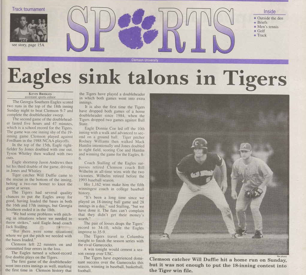 GSEaglesVoice's tweet photo. 30 years ago today … one of the most memorable days in @GSAthletics_BSB history - a Sunday DH sweep of Clemson in 10 innings &amp; then a school-record 18 innings! 

#GATA @Learfield @LEARFIELDAudio @TheSackCompany https://t.co/HczK0DwZZE
