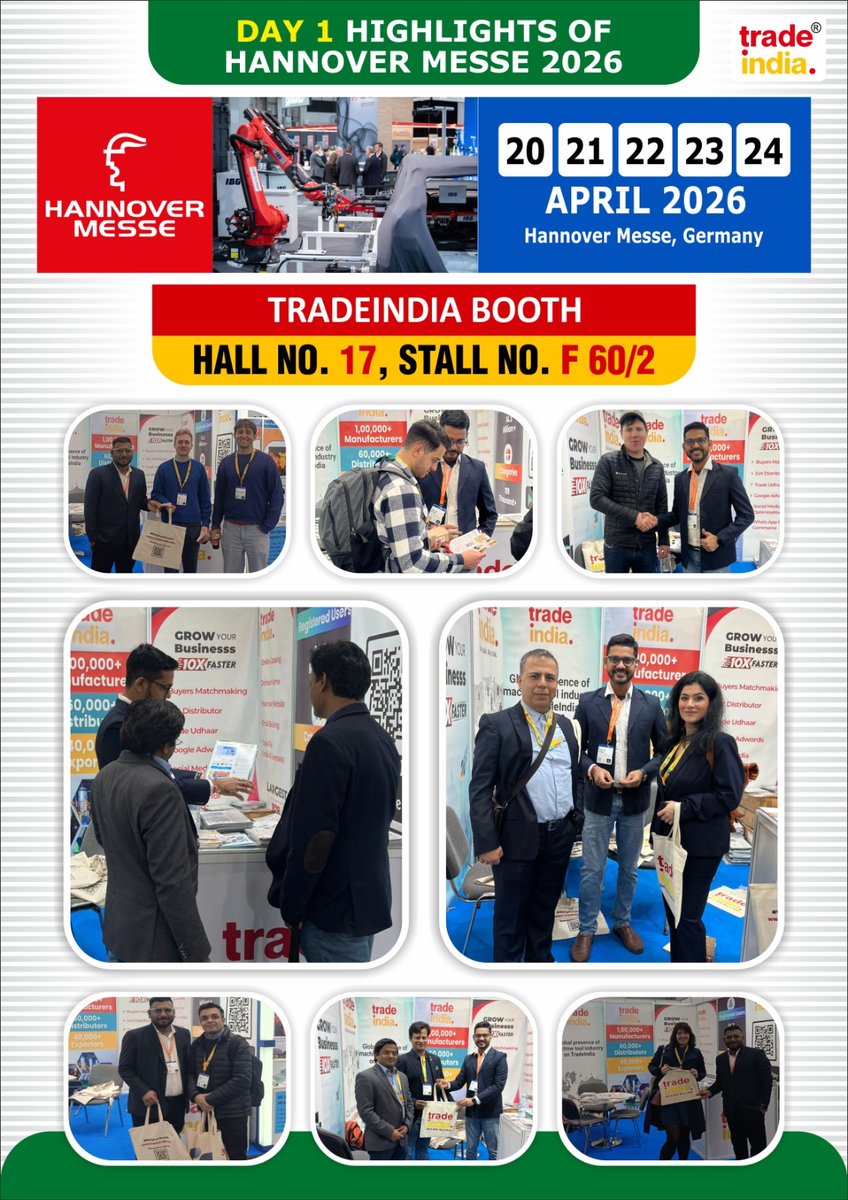 b2btradefairs's tweet image. 🚀 Day 1 Highlights from Hannover Messe 2026!

The energy is unmatched as Tradeindia connects businesses &amp;amp; showcases innovation 🌍

📅 Apr 20–24, 2026
📍 Hannover, Germany
🗺️ Hall 17, Stall F 60/2

Meet us &amp;amp; grow globally! 🤝
#HannoverMesse2026 #Tradeindia #B2B #Innovation 🚀