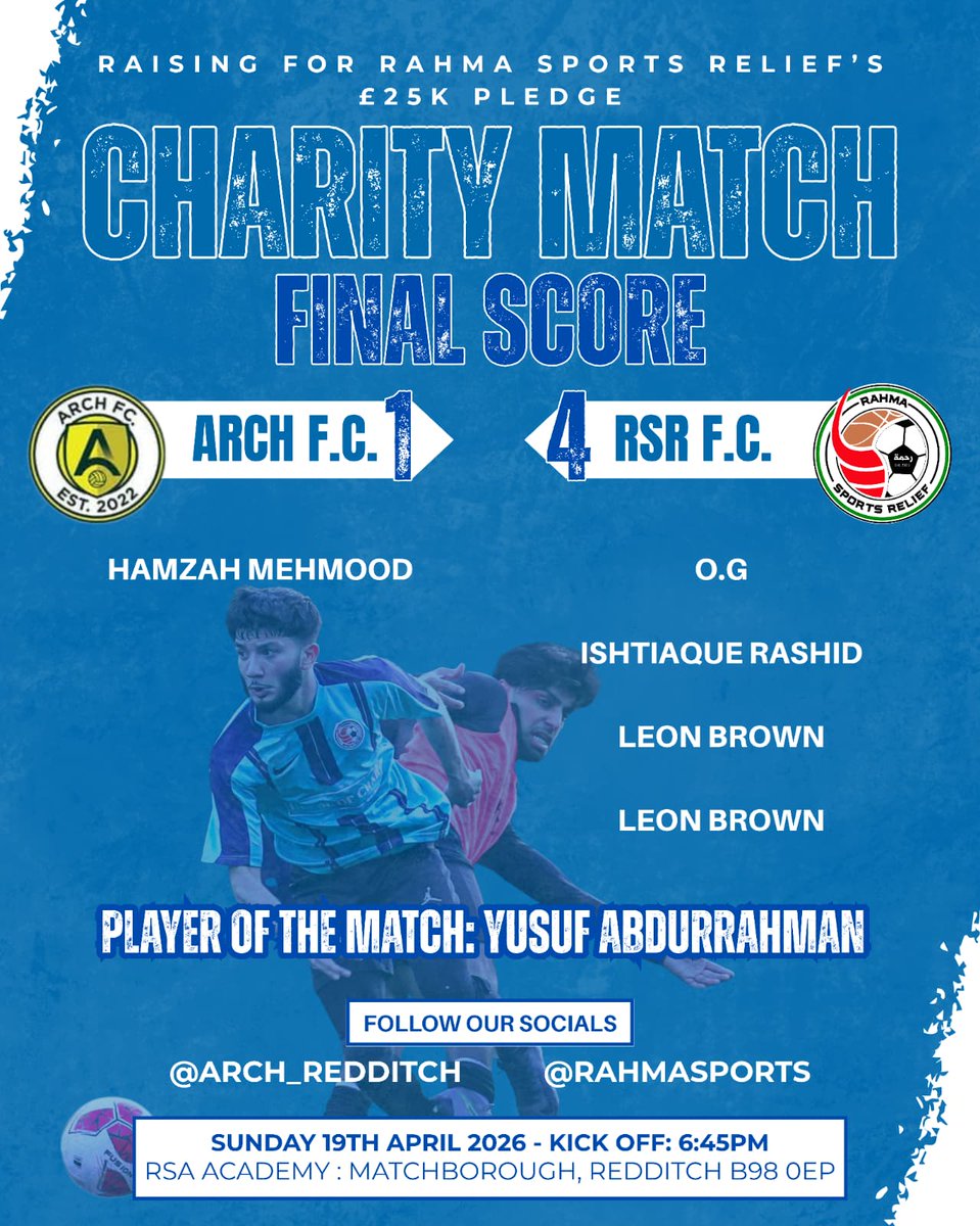 RahmaSports's tweet photo. RSR kicked off their 2026 tour with a big win! 👏🏽

Rahma FC travelled to Redditch to play against Arch FC a charity exhibition match to raise funds for RSR’s £25K pledge to GRT for 2026 🙏����

Final score was 4-1 to Rahma FC but the real win was the money raised for charity. #RSR 🤲🏽 https://t.co/IgRWfIjxn2