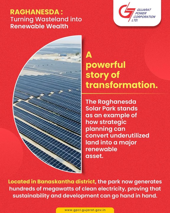 Gpclsm's tweet photo. Raghanesda Solar Park is a powerful testament to transformation, where barren land has been reimagined into a thriving hub of renewable energy.
 
Located in Tharad District, what was once underutilized terrain now generates hundreds of megawatts of clean electricity. This proj... https://t.co/qo2KdWk3VC