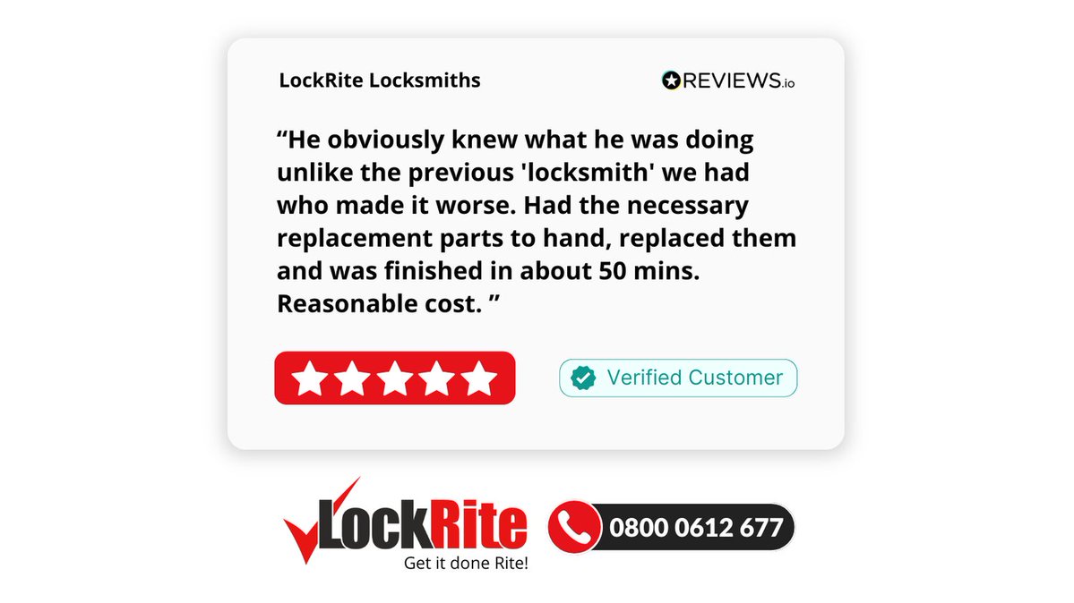 LockRiteLock's tweet image. Our locksmiths are DBS checked, have great reviews and provide 90 days guarantee on all workmanship. Looking for a reliable &amp;amp; trustworthy locksmith? Call us now on 0800 0612 677 or find your local LockRite locksmith at: lockrite.org #Locksmith #5StarReview