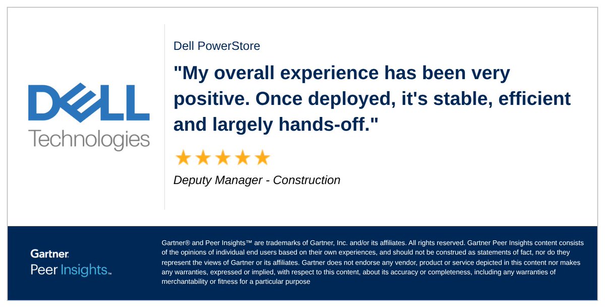 mfusiger's tweet image. Deputy Manager in the Construction Industry gives Dell PowerStore 5/5 Rating in Gartner Peer Insights™ Primary Storage Platforms Market. Read the full review here: del.ly/6015BBBPxU #gartnerpeerinsights #iwork4dell #iwork4dell