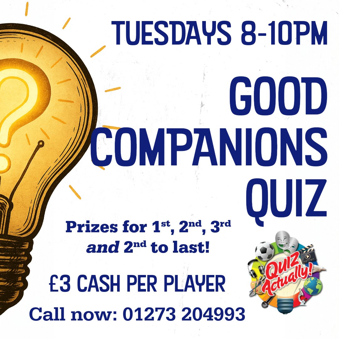 QuizActually's tweet photo. Think you’ve got what it takes?

Join us tonight 8-10pm for the Good Companions Quiz! 🧠 Test your trivia skills and grab those prizes. Only £3 per player. Call now to book your spot: 01273 204993!

#QuizActually #TriviaNight #GoodCompanionsQuiz https://t.co/Rt14dMHwSg