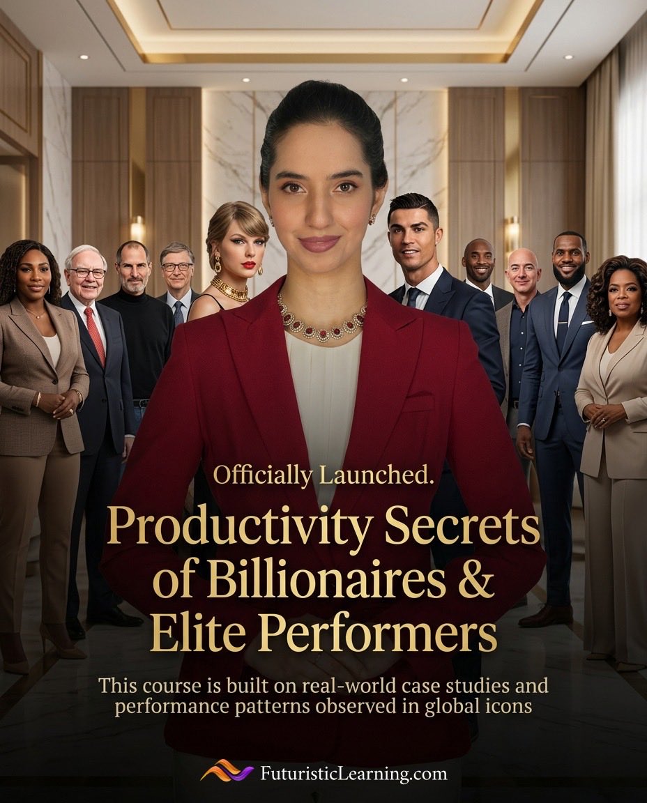 Productivity Secrets of Billionaires &amp; Elite Performers Course is NOW available.

If you’re the one making decisions, managing teams, and handling pressure, this is built for you.

Start now:
futuristiclearning.com/productivity-s…

#saniaalam #futuristiclearning #emmaalam #productivity