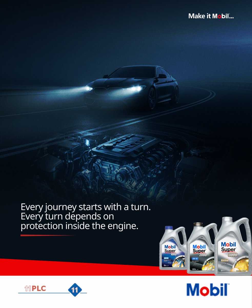 11PLC's tweet image. Every journey begins with movement.
But movement only continues when what’s inside is protected.

Mobil Super keeps your engine protected, so every start leads to somewhere better.

#Mobil #EngineProtection #DriveWithConfidence #CarCare #SmoothJourneys #MobilSuper