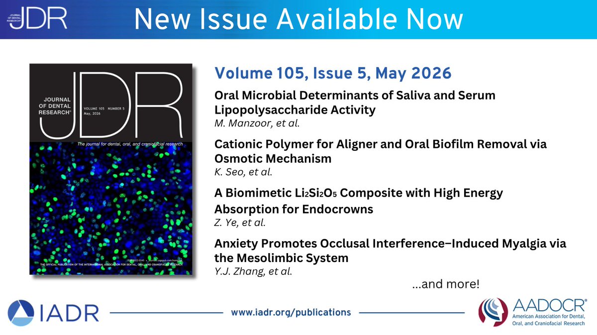 JDentRes's tweet image. The May issue of JDR is now available!

🔗journals.sagepub.com/toc/JDR/current

#DentalResearch #OralHealth #Fluoridation 
@SageJournals @NickJakubovics