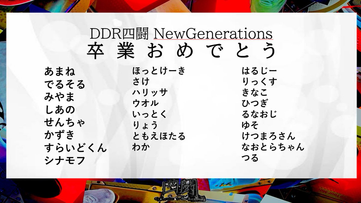 DDR_410's tweet photo. 【リザルト】
各部門の受賞者、およびNewGenerations卒業者になります。
NewGenerationsに関しましては、大会ごとに卒業者を出す事で、部門内を循環させる事で、新規参戦しやすい部門を目指します。
#DDR四闘 https://t.co/XYR6HMxigk