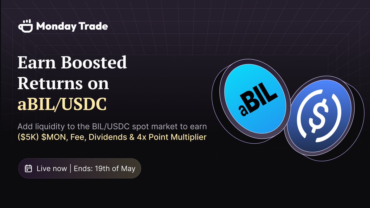 Get ready, a new TVL campaign is LIVE on <a href="/monad/">Monad</a> 🔥

LP on the aBIL/USDC spot pool and earn:

• $5K MON rewards
• 0.3% trading fees
• ~4% of annual interests paid monthly in USDC
• 4x points multiplier

Low volatility and real-world yield exposure.

How to join ↓