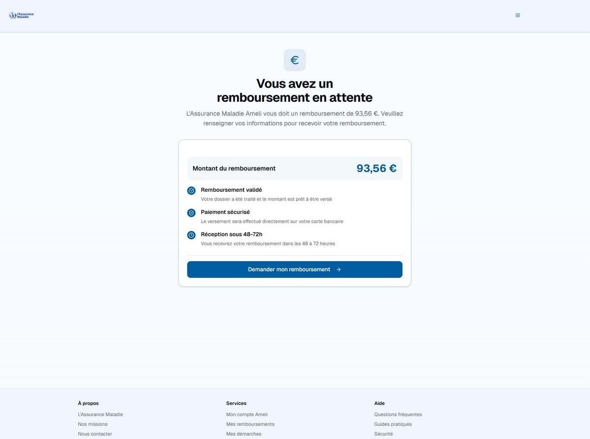 Alopsis's tweet image. 🚨 Phishing domain targeting #Ameli

The domain has been registered on the 20th of April 
- hxxps://www.ameli-secu[.]com/

When we arrive, the page shows a pending refund and redirects to a form asking for personal data.

#Phishing #fraud #cyber