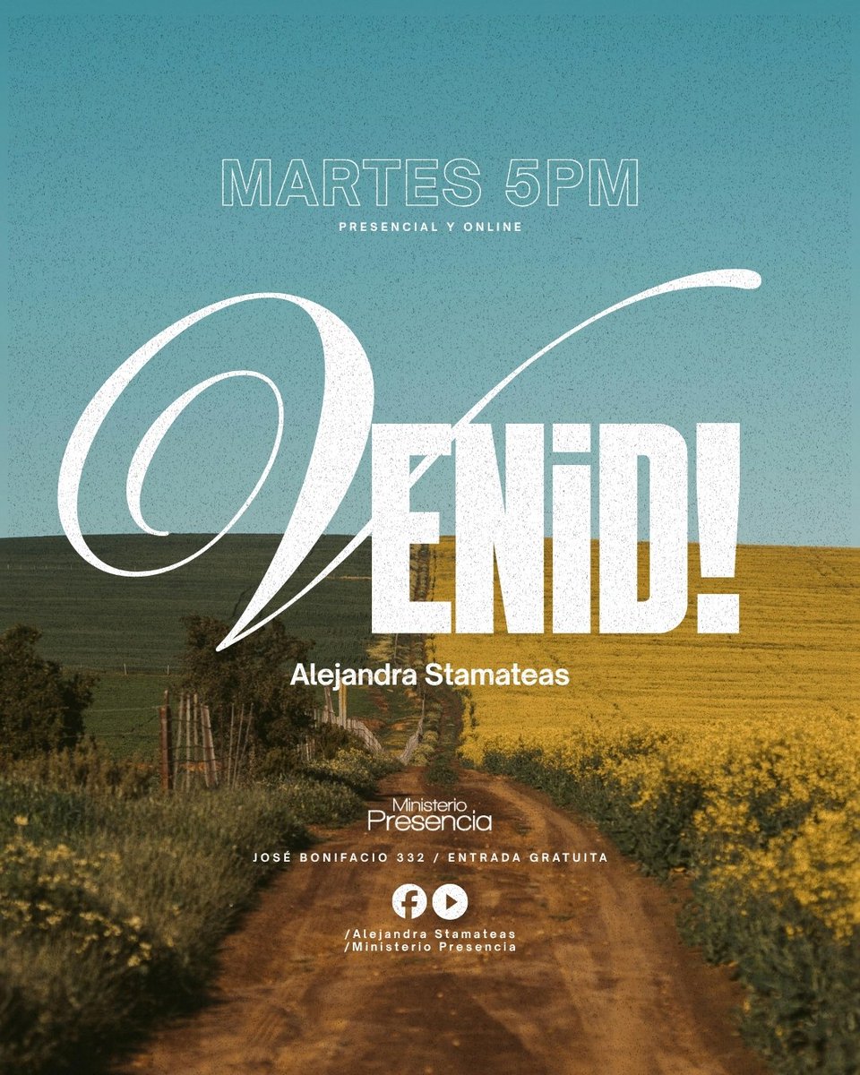 AlejandraStamat's tweet image. Martes en Presencia - Hoy 5 pm.
“Venid!”
📍PRESENCIAL:
✔️José Bonifacio 332 - Beauchef 834 - CABA
🌎 #ONLINE:
✔️ YouTube y Facebook: Alejandra Stamateas y Ministerio Presencia Online

#charlasespirituales
#charlasonline
#charlaspresenciales
#charlasgratuitas