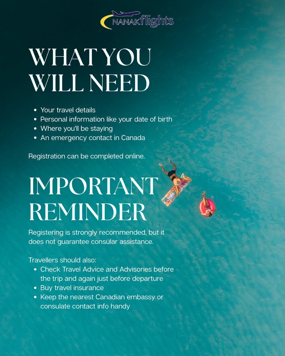Nanakflights's tweet photo. Did you know? Canadians travelling abroad can register with the Government of Canada to receive important safety updates and emergency information while away. A simple step before your trip can help you stay informed. #TravelTips #CanadiansAbroad https://t.co/Fc1s3fFQNk