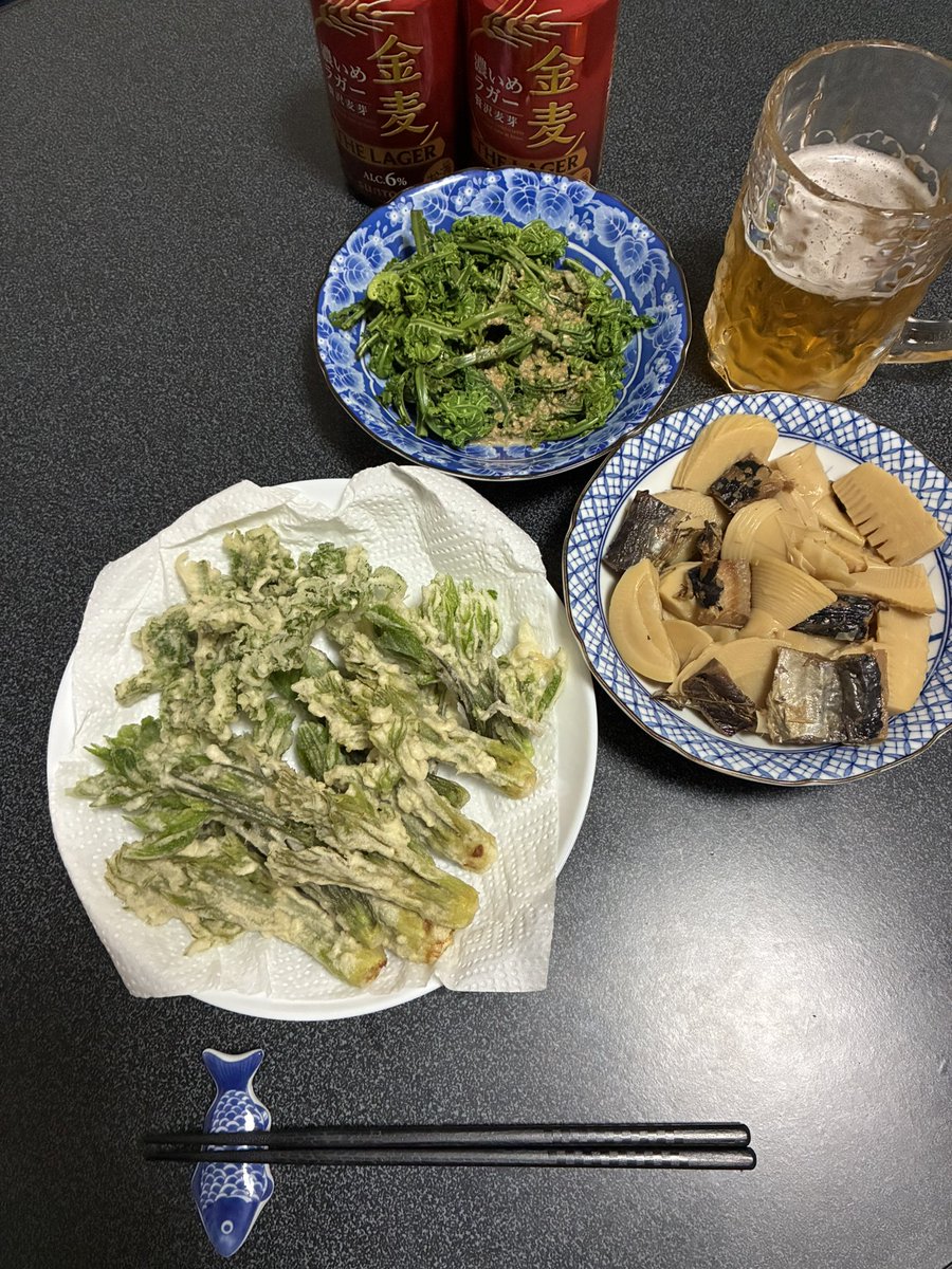 皆さん、お疲れ様です！
今夜は実家から貰った山菜料理で一杯やってます🍺
美味い✨😋
#タラの芽とコシアブラとこごみの天ぷら
#こごみのおひたし
#筍とニシンの煮物
#サントリー金麦濃いめラガー