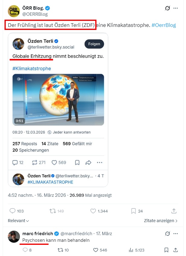 TuMirNix's tweet image. Zufällig gesehen.
So verleumderisch lügt der notorisch lügende #ÖRRBlog von #CSU-Jonas. Z.B gegen Özden Terli vom #ZDF.
Mit 'nem Screenshot und der Behauptung, es ginge um den Frühling. Und die rechten Lemminge pöbeln.
Im Video geht es aber um die BESCHLEUNIGTE GLOBALE Erwärmung.