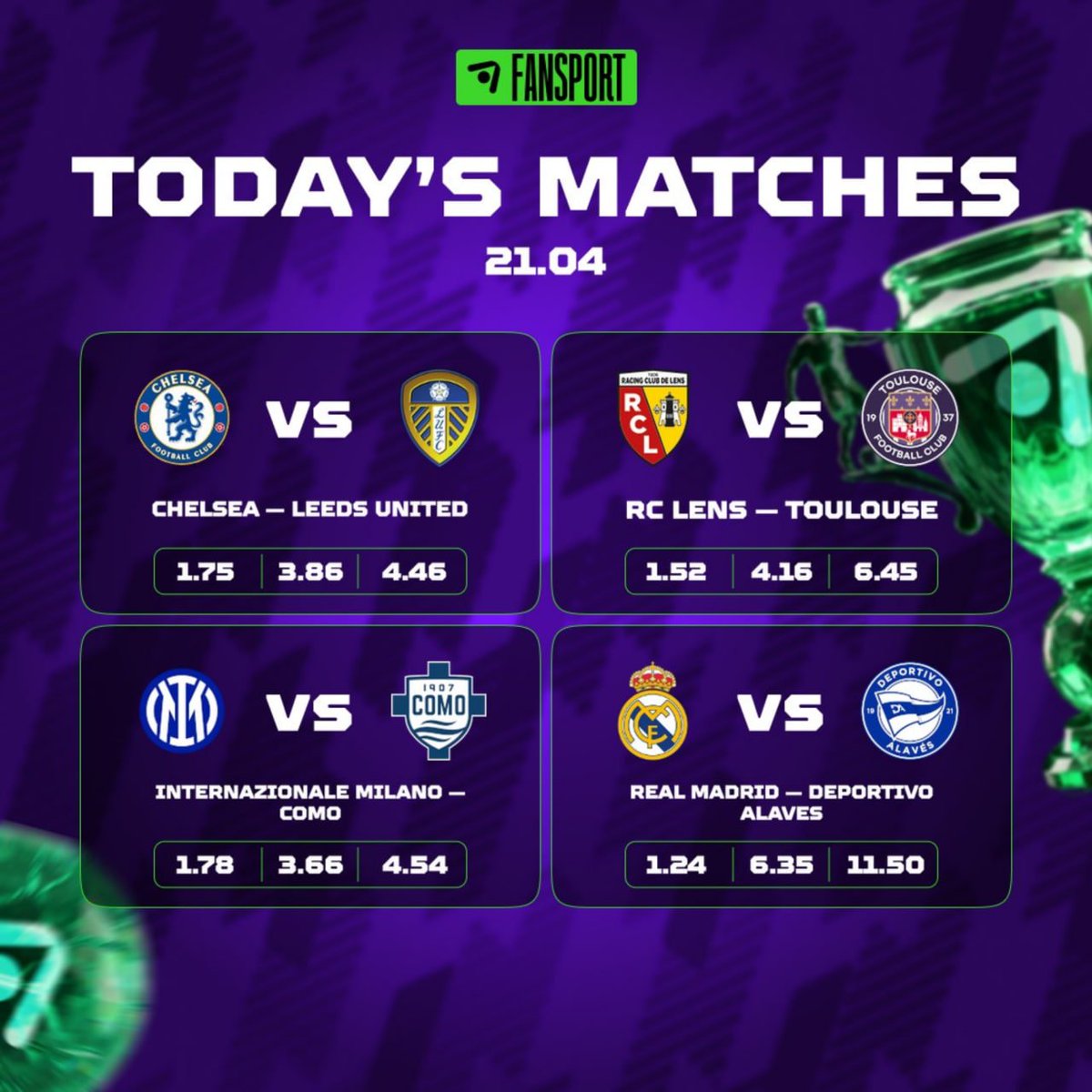 fan_sportNG's tweet image. 🔥TODAY’S MATCHES | 21.04.26🔥

⚽️Big games. Big odds. 

Chelsea🆚Leeds United
1.75 | 3.86 | 4.46

RC Lens🆚Toulouse
1.52 | 4.16 | 6.45

Inter Mila🆚Como
1.78 | 3.66 | 4.54

Real Madrid🆚Deportivo Alavés
1.24 | 6.35 | 11.50

👉 rb.gy/u7p4vq

#Fansport #MatchDay #Odds
