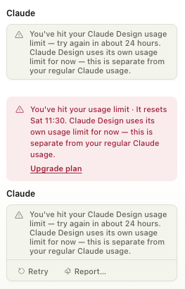 JudeBoscoGibbs8's tweet photo. @claudeai great UI, but UX?

i hit my usage limit. waited 24 hours. tried. failed. waited another 24 hours. tried again. failed again.

so sat 11:30 is coming saturday? a week from now? https://t.co/uMOJFTghG6