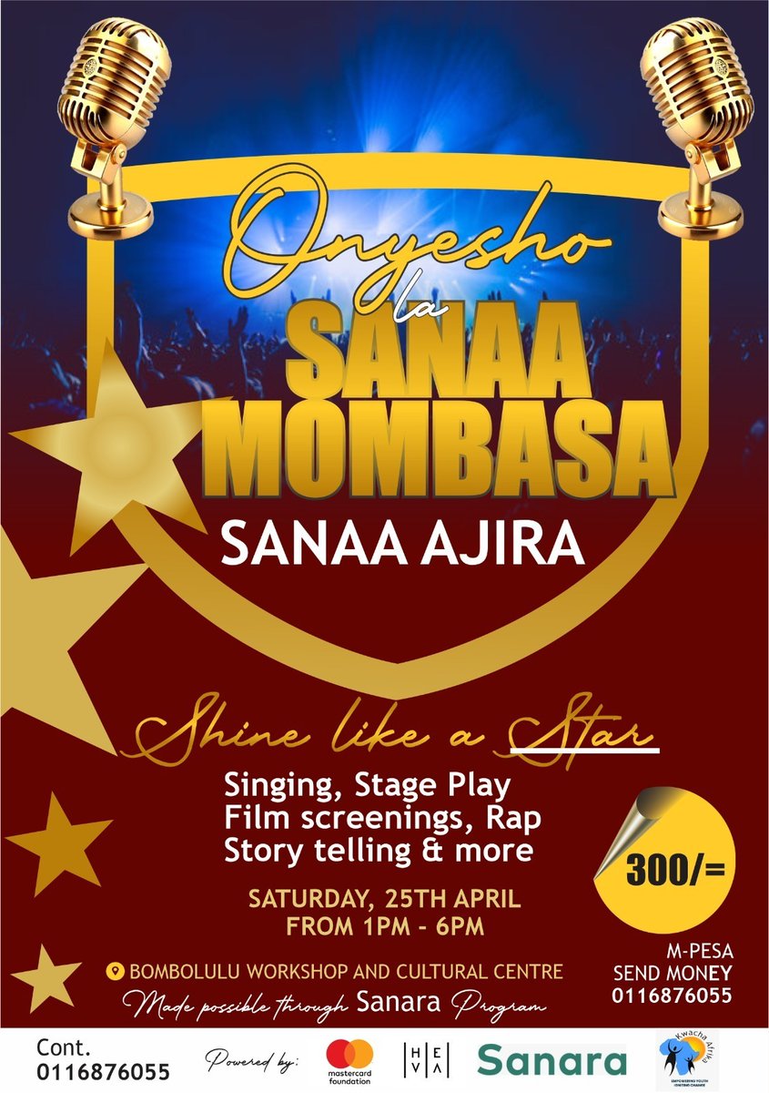 Sherehe_Plug's tweet image. 🎭🎶🎬 #Mombasa #SanaaAjira

From music to theatre to film… hii si event ya kawaida 😮‍🔥 ni EXPERIENCE.

A full showcase of talent, stories &amp;amp; creative hustle.

🗓️ Sat, Apr 25
🕐 1–6 PM
📍 Bombolulu Cultural Centre
🎟️ KES 300

📲 0116876055

@MastercardFdn @HEVAFund
#SherehePlug